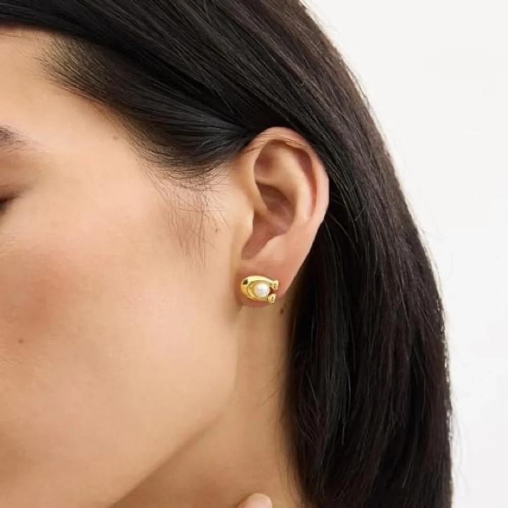 Coach Faux Pearl Gold C Stud Earrings, NWT - Picture 3 of 14